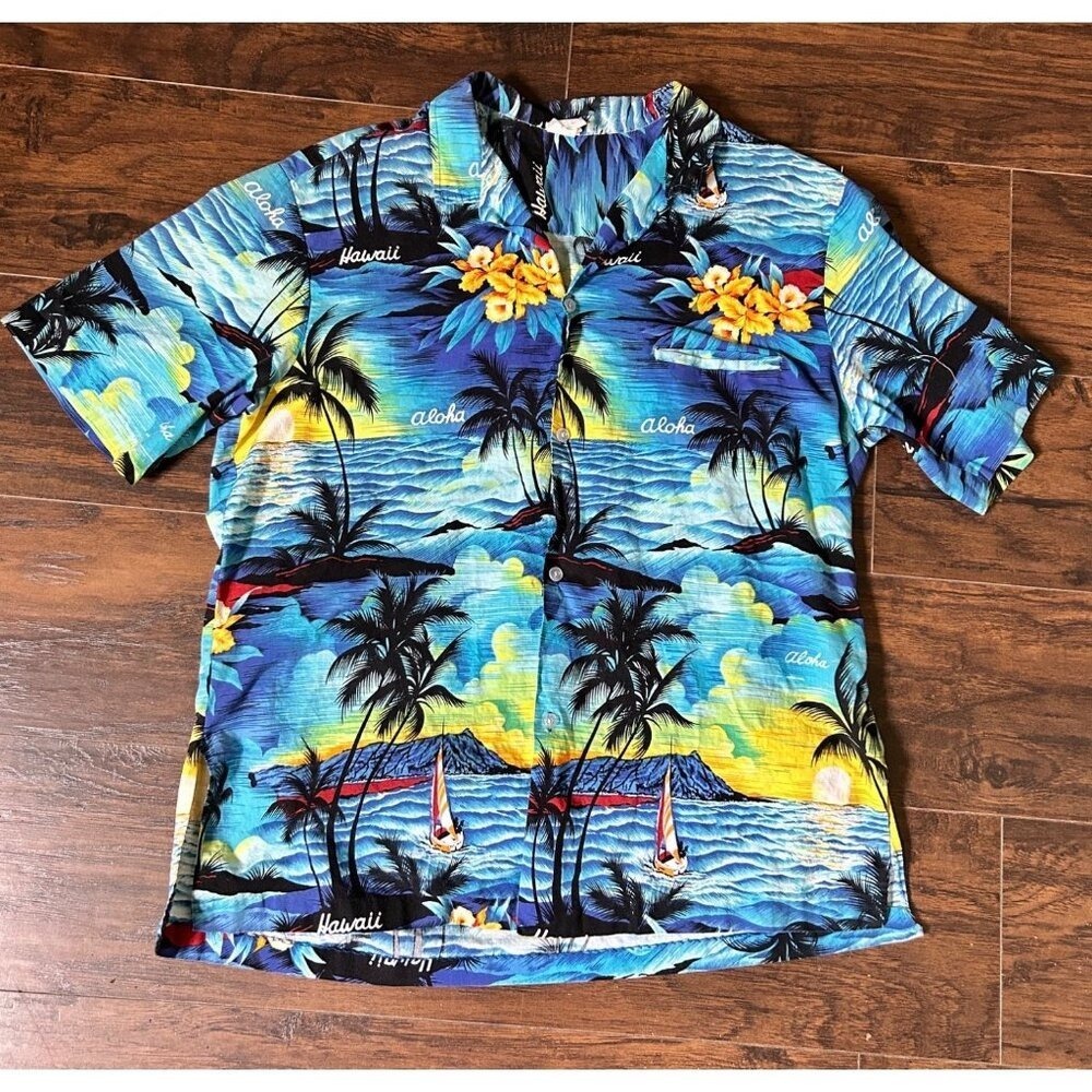 Royal Creations Men's Hawaiian Shirt XL Blue Sailboat Sunset Tropical Floral